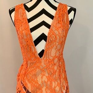 Orange lace deep v dress